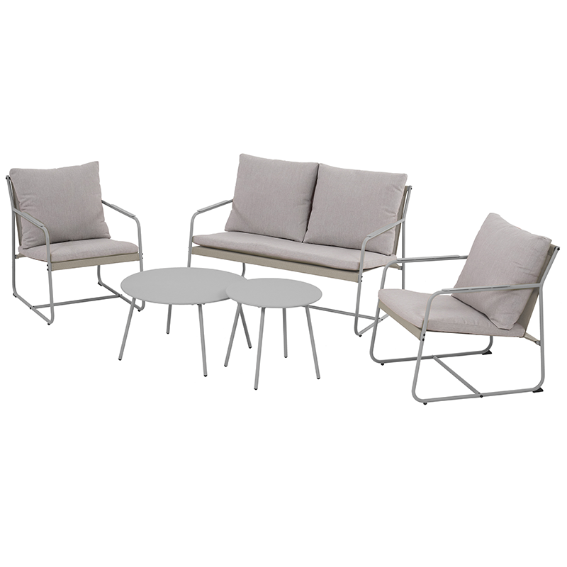 Salon de jardin 4 places en acier gris glacier avec coussins gris clair, design contemporain