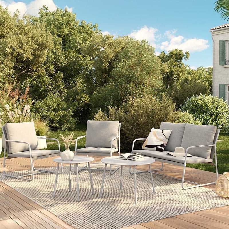 Salon de jardin PANTONE 4 places en acier gris et coussins gris clair