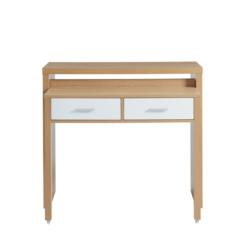 Bureau extensible blanc et effet chêne 98,5cm, meuble modulable pour espace de travail