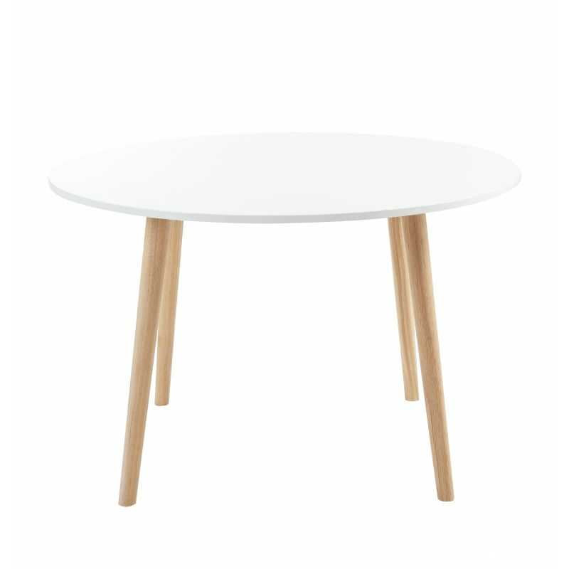 Table à manger ronde 120cm blanc mat pieds bois massif, style scandinave épuré