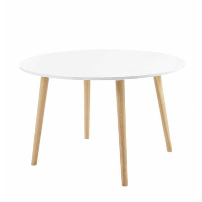 Table à manger ORATELLO blanc mat pieds en bois massif 120cm