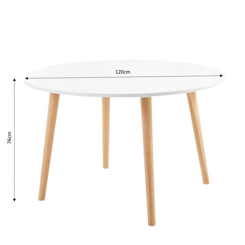 Table à manger ORATELLO blanc mat pieds en bois massif 120cm