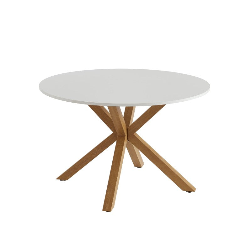 Table à manger ronde 120cm plateau blanc et pieds effet chêne, design convivial