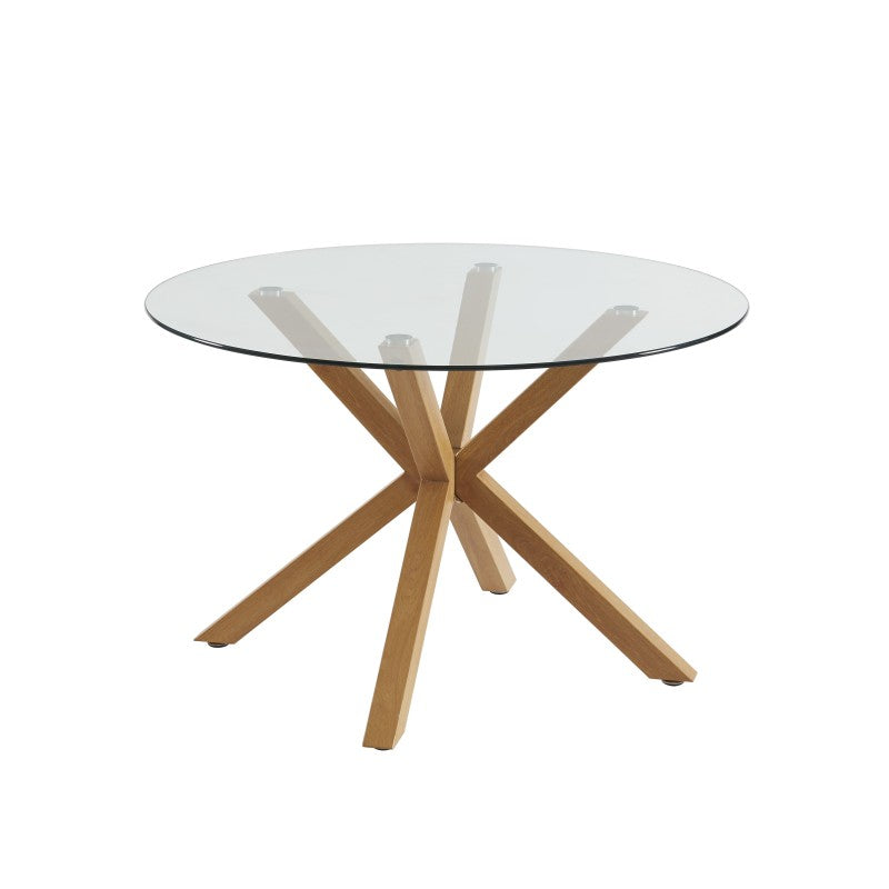 Table à manger ronde HARRY 120cm plateau verre et pieds effet chêne, cuisine conviviale