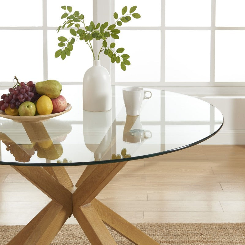 Table à manger HARRY ronde en verre et effet chêne 120cm