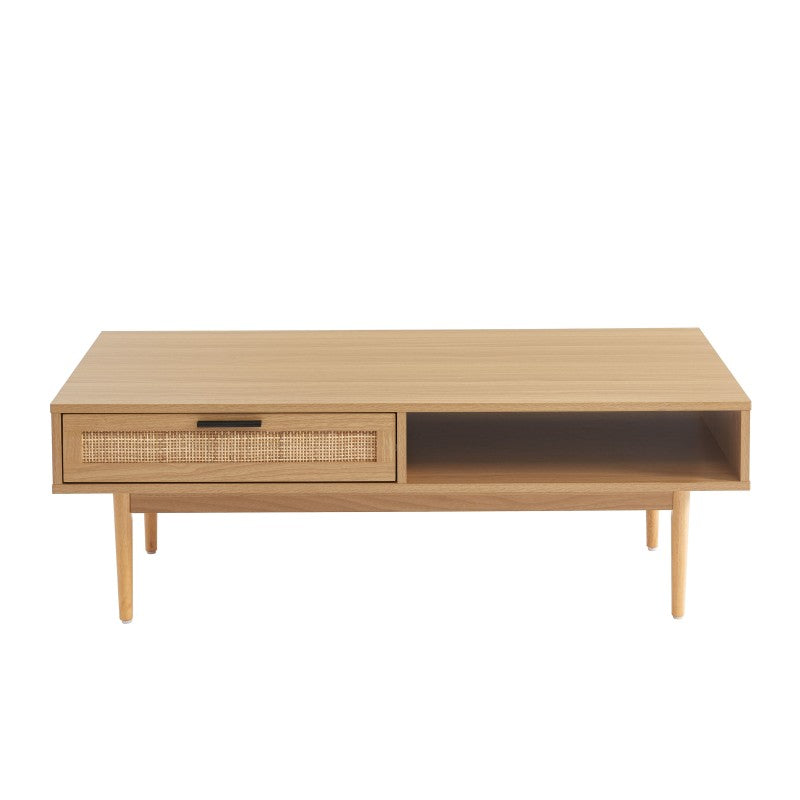 Table basse salon effet chêne et cannage rotin, design naturel contemporain