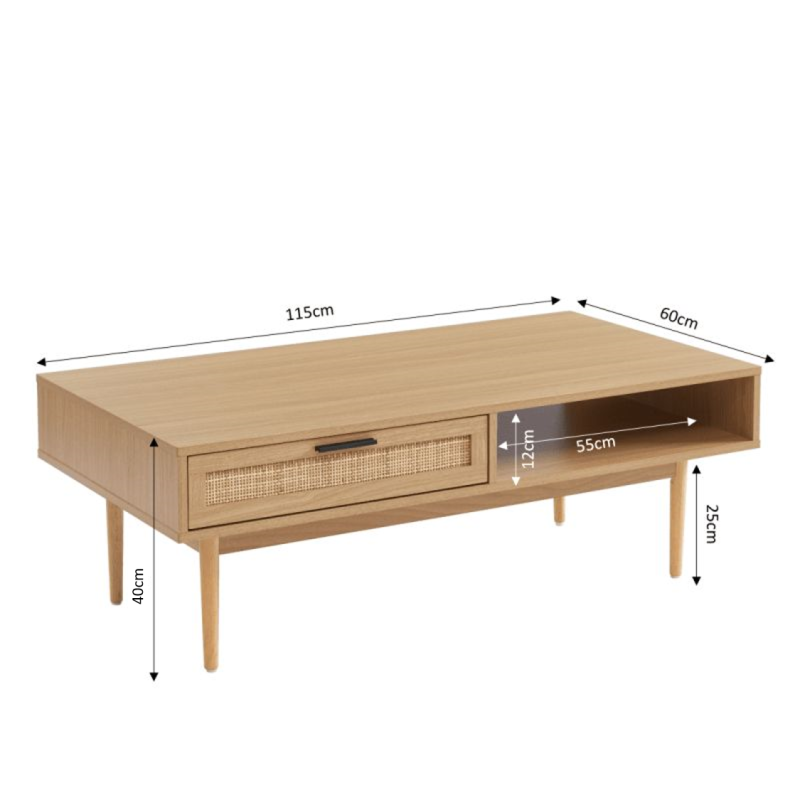 Table basse AMANA effet chêne et cannage rotin
