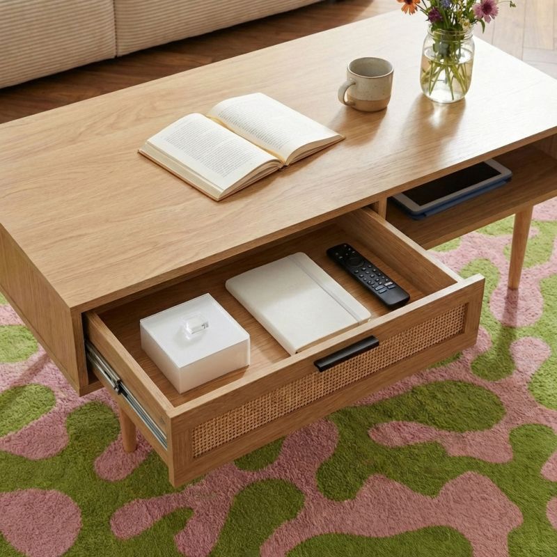 Table basse AMANA effet chêne et cannage rotin