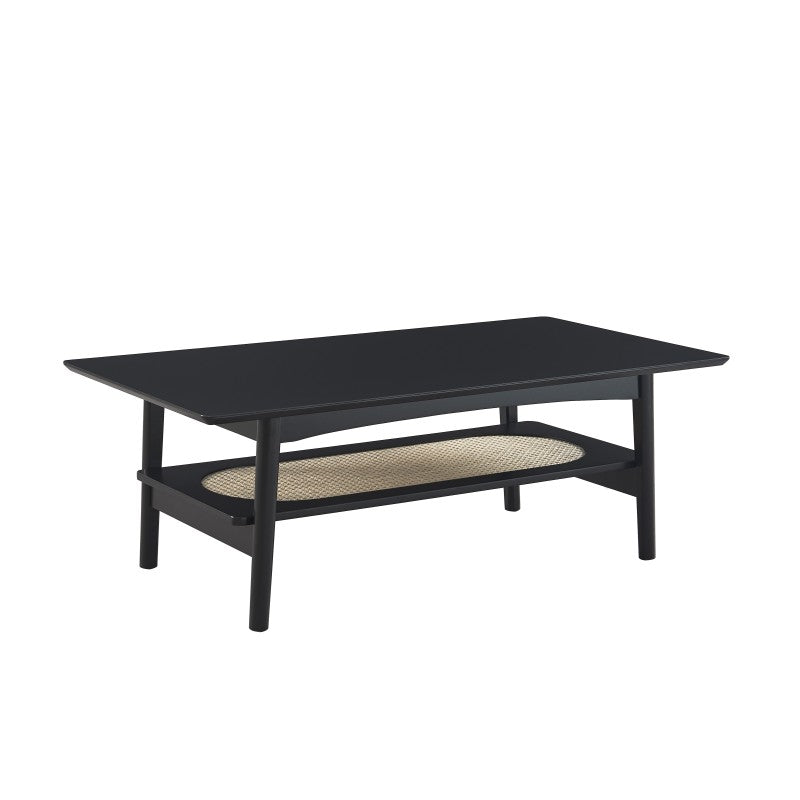 Table basse ANATOLE noire avec plateau cannage rotin, style bohème chic pour salon contemporain