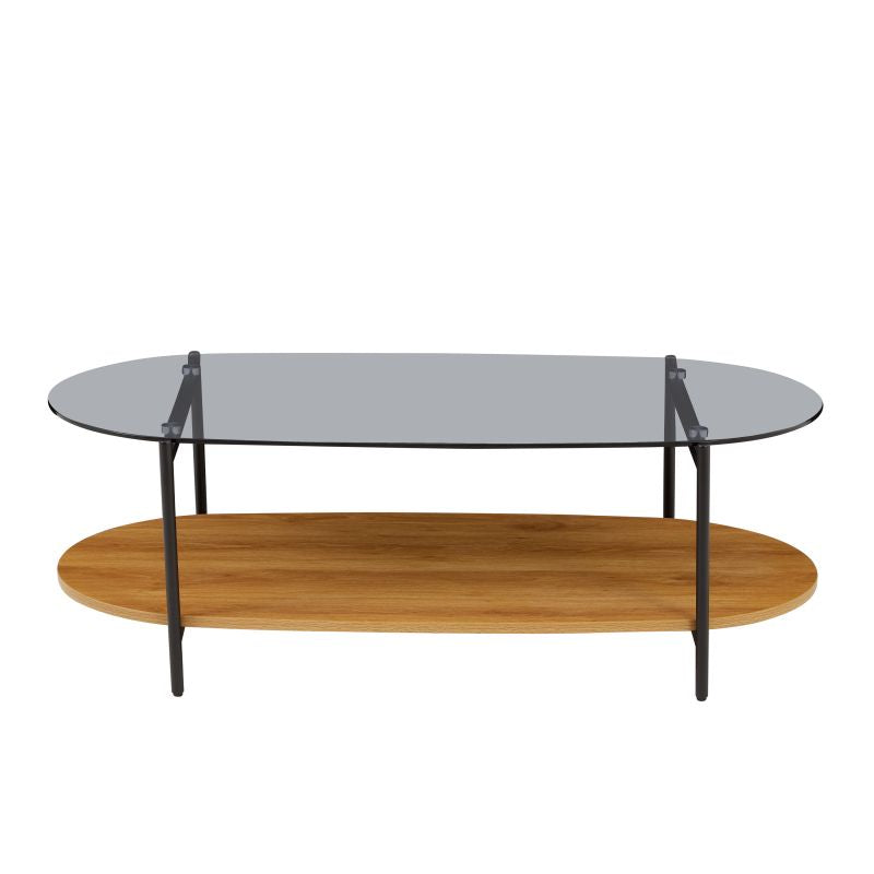Table basse effet chêne plateau verre trempé teinté, design contemporain salon