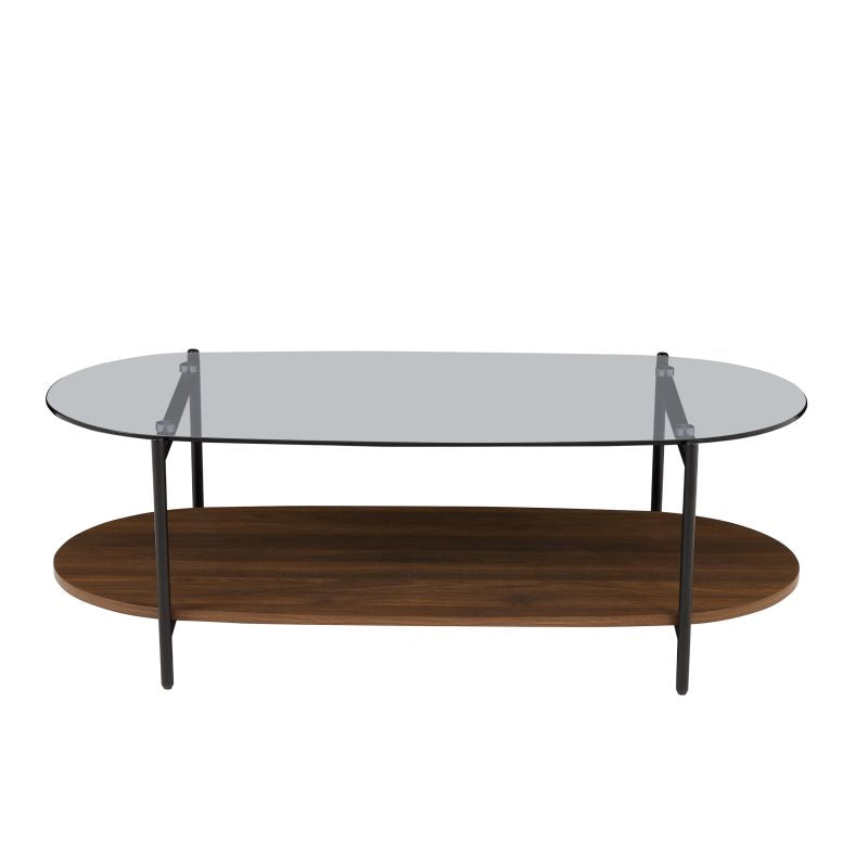 Table basse effet noyer plateau verre trempé teinté, design contemporain