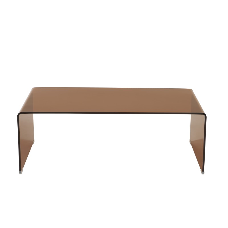 Table basse design salon en verre trempé caramel ambré, lignes arrondies élégantes