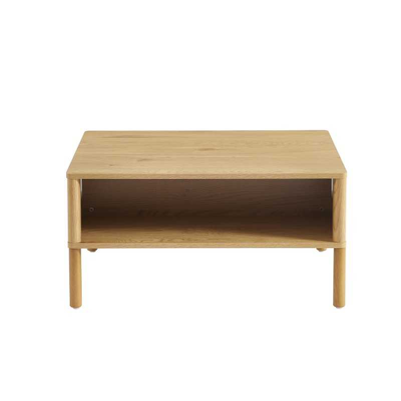 Table basse effet chêne clair et rotin, style naturel et chaleureux pour salon