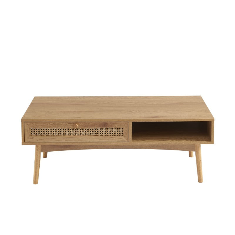 Table basse effet chêne avec tiroir cannage rotin circulaire, style rétro salon