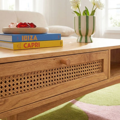 Table basse INES effet chêne et cannage rotin