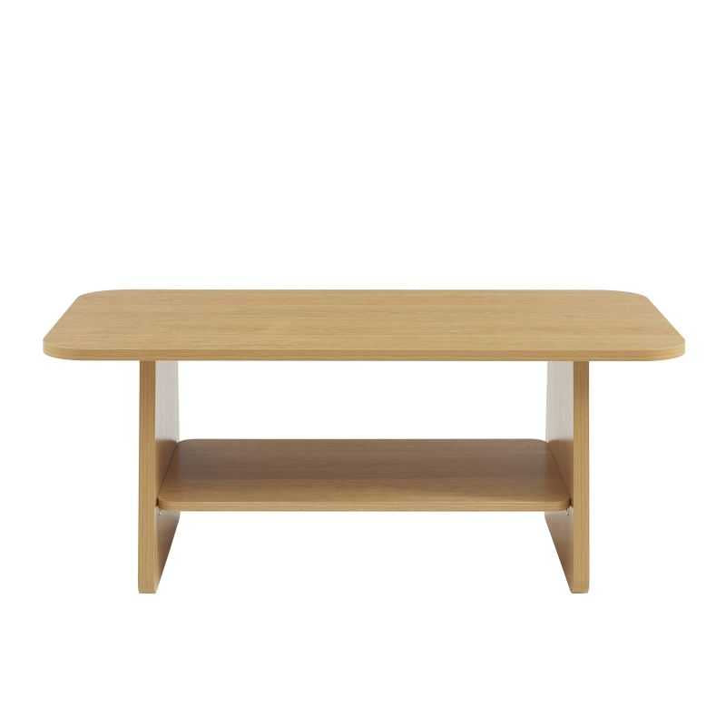 Table basse design minimaliste effet chêne, piètement asymétrique, style contemporain