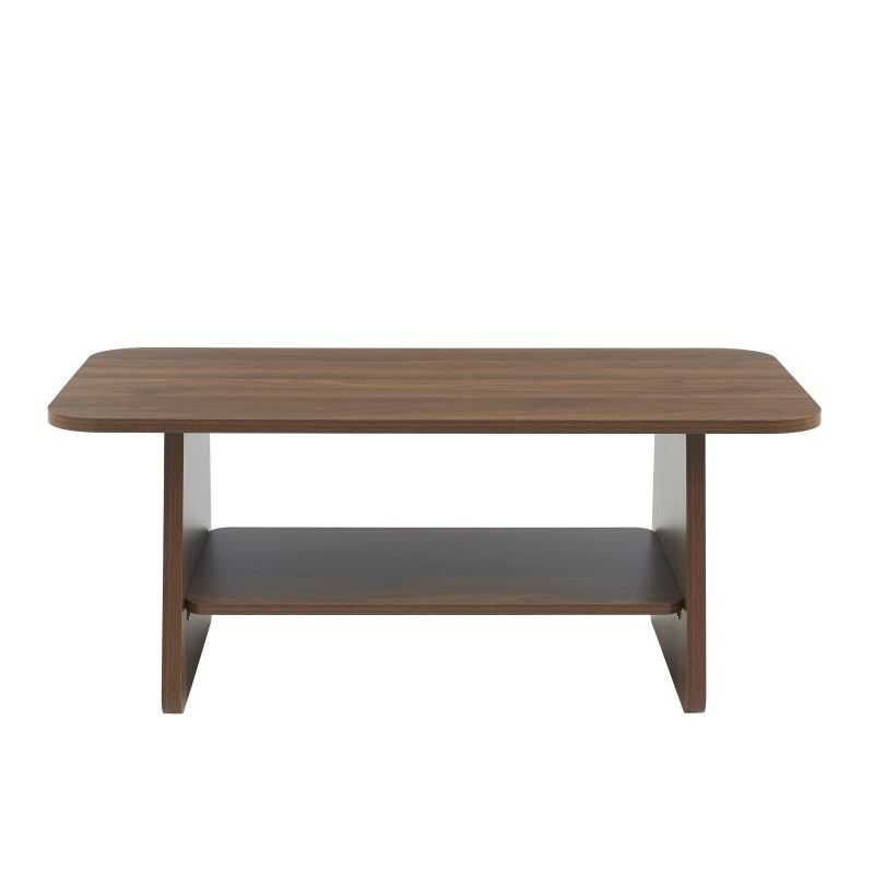 Table basse effet noyer piètement asymétrique, design minimaliste contemporain