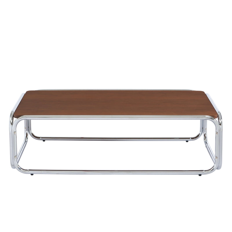 Table basse plateau placage noyer et structure chromée, style contemporain chaleureux