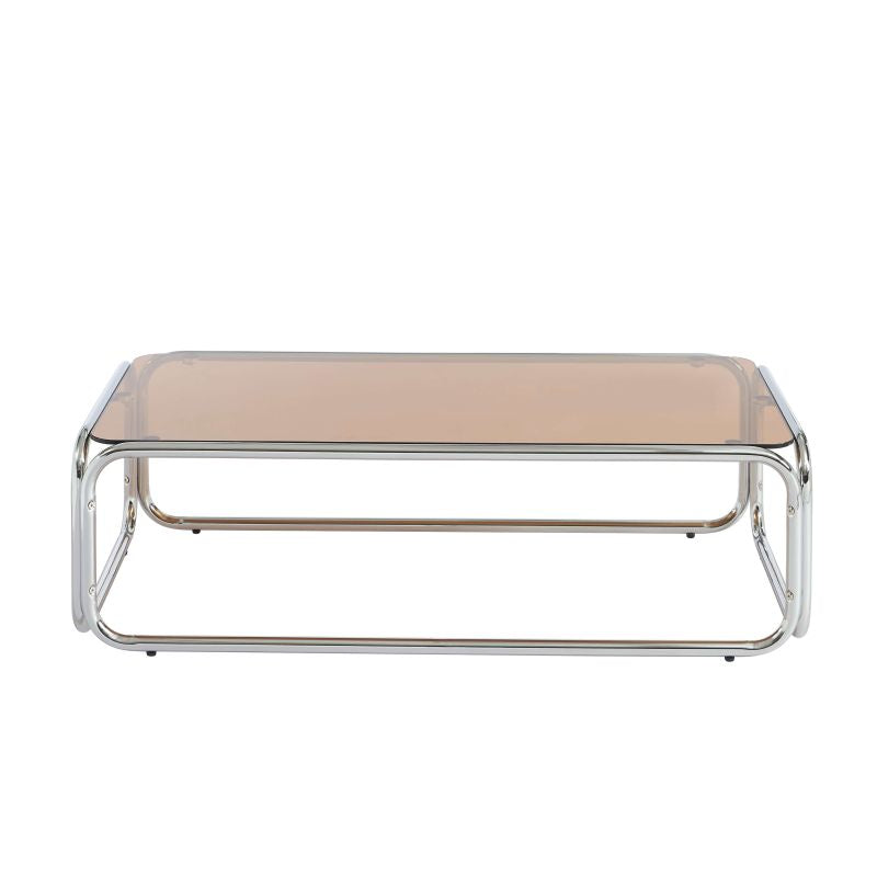 Table basse verre trempé orange foncé et structure chromée, design contemporain