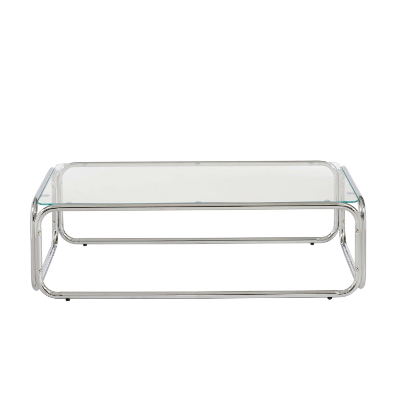 Table basse verre trempé transparent et structure chromée, design contemporain