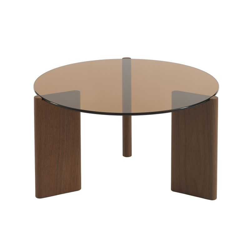 Table basse ronde verre trempé caramel et placage noyer 75cm, style vintage contemporain