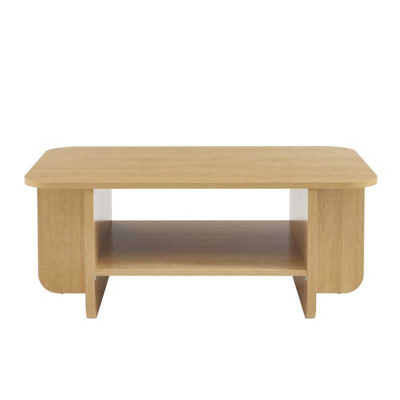 Table basse effet chêne coins arrondis, design épuré style scandinave pour salon