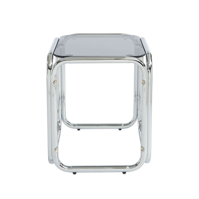 Table d'appoint plateau verre trempé noir et structure chromée, style rétro années 70