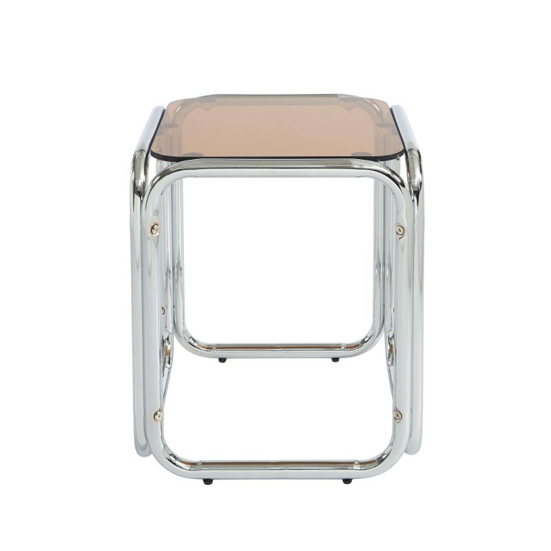 Table d'appoint plateau verre trempé orange et structure chromée, style rétro années 70