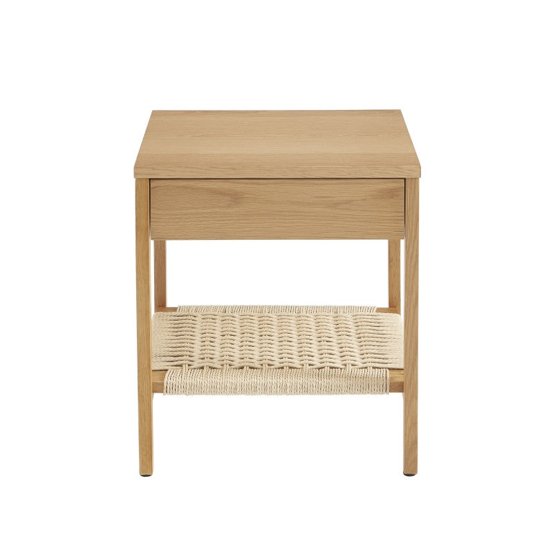 Table de chevet en placage chêne et corde GINKO, design naturel pour chambre moderne