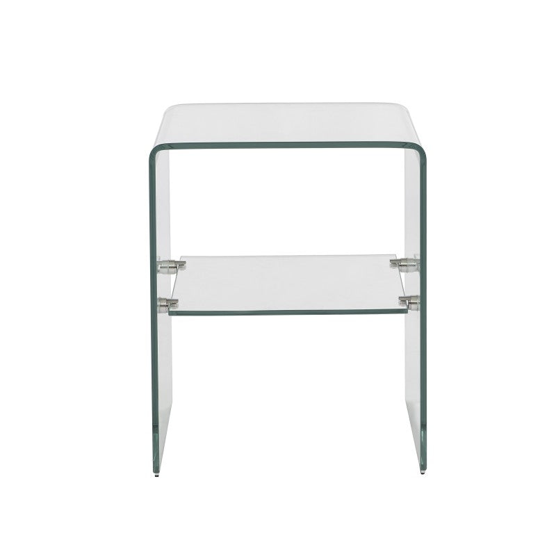 Table de chevet en verre trempé transparent GINZA, design minimaliste aux lignes arrondies