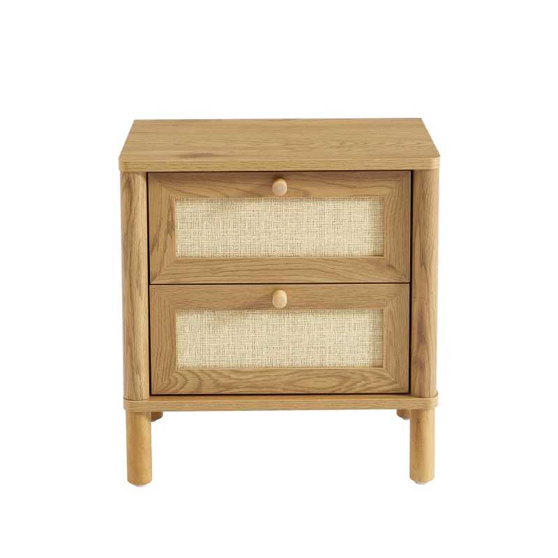 Table de chevet effet chêne clair avec façades en rotin et 2 tiroirs, style naturel