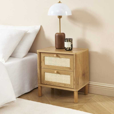 Table de chevet HAIDA effet chêne et rotin 2 tiroirs