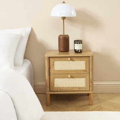 Table de chevet HAIDA effet chêne et rotin 2 tiroirs