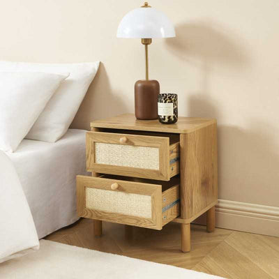 Table de chevet HAIDA effet chêne et rotin 2 tiroirs