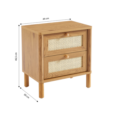 Table de chevet HAIDA effet chêne et rotin 2 tiroirs