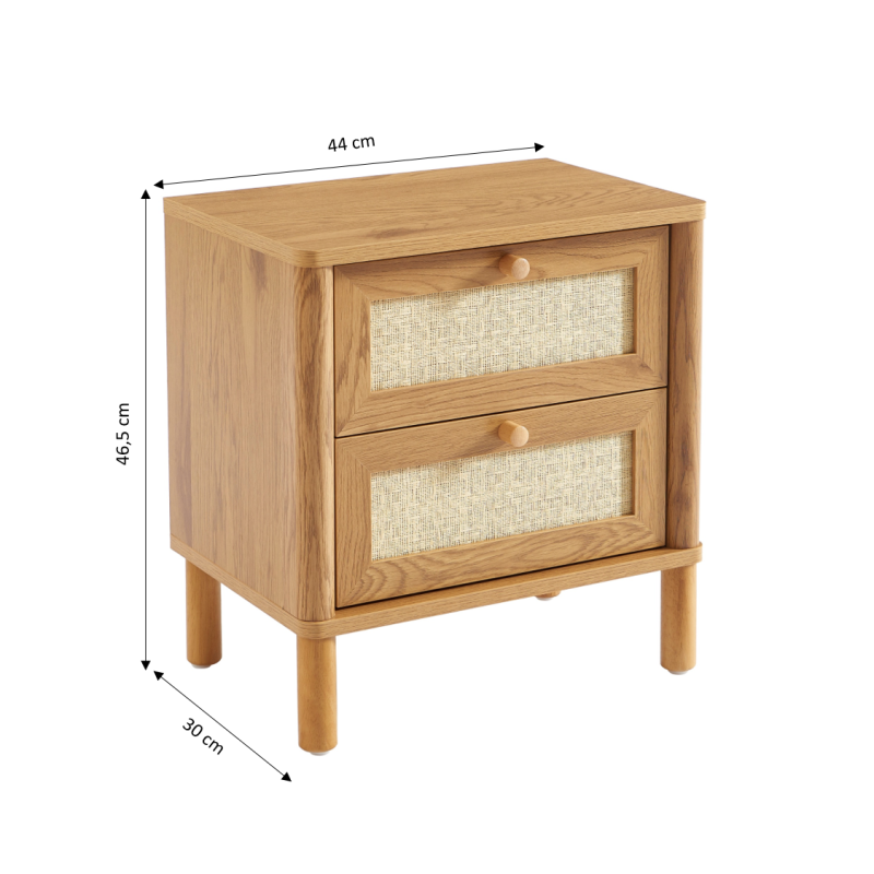 Table de chevet HAIDA effet chêne et rotin 2 tiroirs