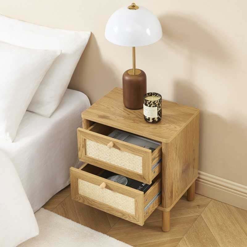 Table de chevet HAIDA effet chêne et rotin 2 tiroirs