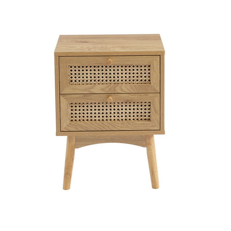 Table de chevet 2 tiroirs cannage rotin effet chêne, style rétro pour chambre