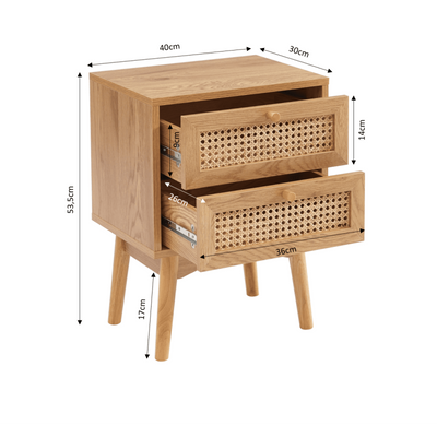 Table de chevet INES effet chêne et cannage rotin 2 tiroirs