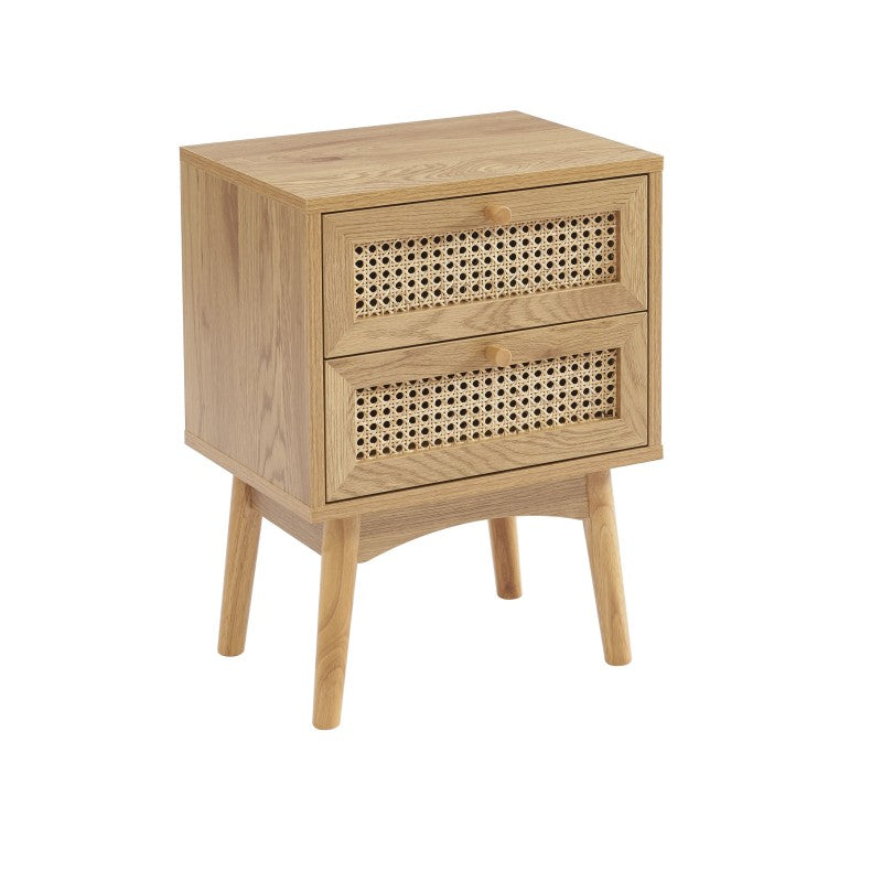 Table de chevet INES effet chêne et cannage rotin 2 tiroirs