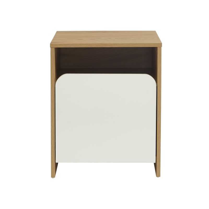 Table de chevet effet chêne avec porte blanche, design épuré pour chambre moderne ou scandinave
