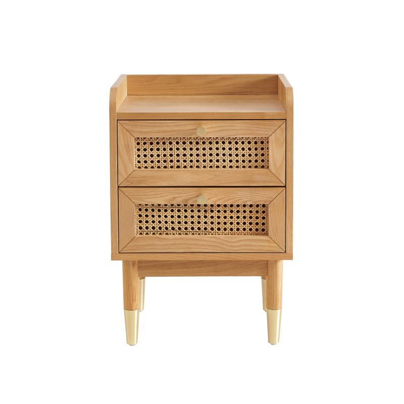Table de chevet en placage chêne avec cannage rotin, style rétro intemporel