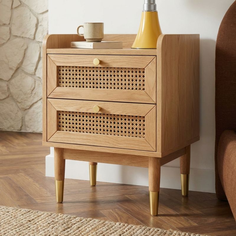 Table de chevet LEON placage chêne et cannage rotin