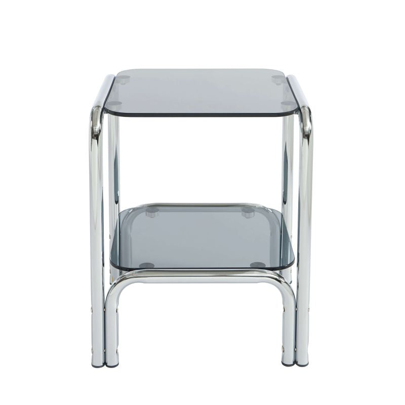 Table de chevet verre trempé noir et structure chromée, design rétro années 70