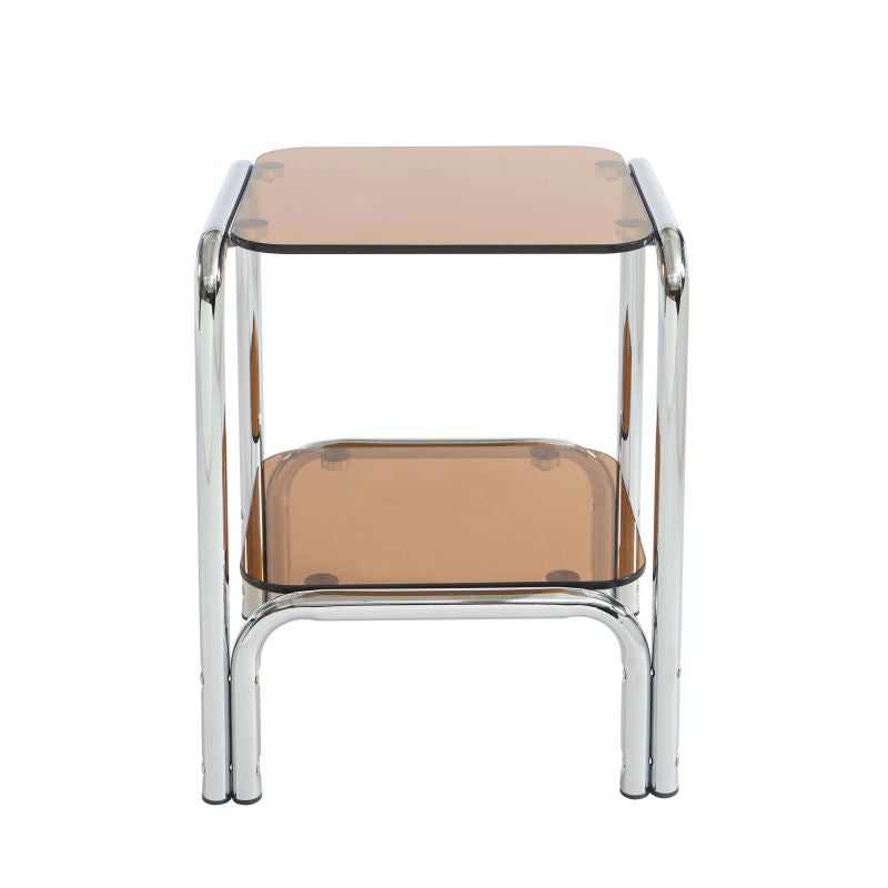 Table de chevet verre trempé orange et structure chromée, design rétro années 70