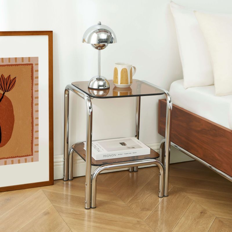 Table de chevet MAGGY verre trempé orange structure en chrome