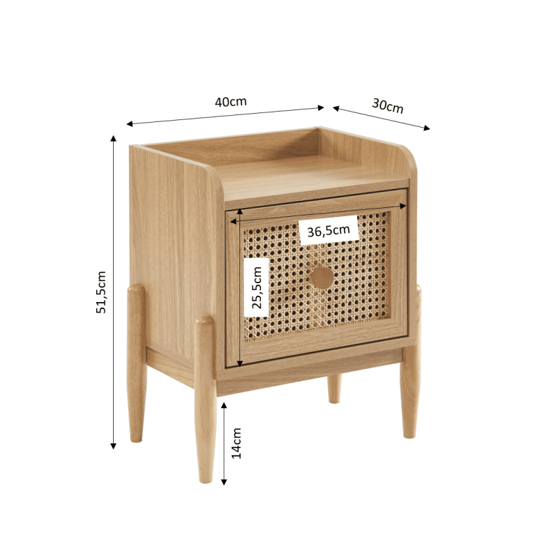 Table de chevet enfant PABLO cannage rotin et effet bois