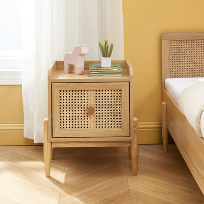 Table de chevet enfant PABLO cannage rotin et effet bois