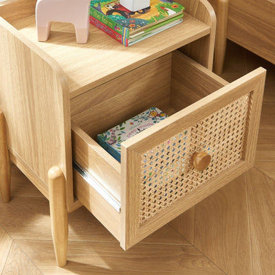 Table de chevet enfant PABLO cannage rotin et effet bois
