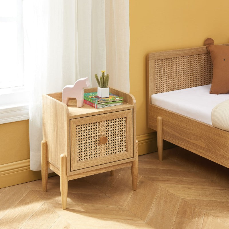 Table de chevet enfant PABLO cannage rotin et effet bois